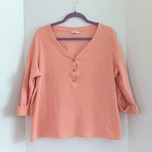 J. Jill Peachy Orange Textured Henley Cotton Top 3/4 Cuffed Sleeve Size XL